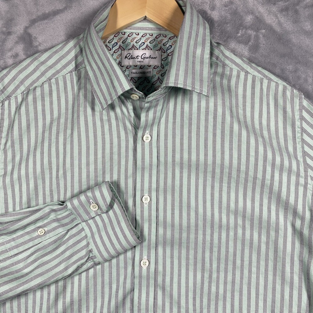 Robert Graham Shirt Mens L 42 / 16.5 Green Stripe Button Up Tailored Fit